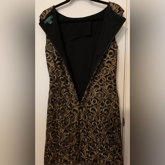 Lauren Ralph Lauren Formal Gold Black Embroidered Lace Dress Sz 10 - Picture 4 of 7